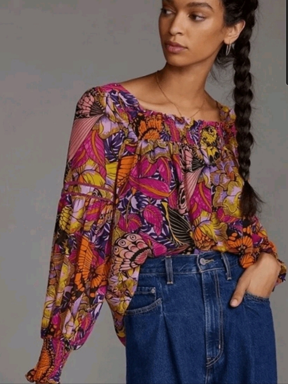 Anthropologie Alexandra Farmer Floral Butterfly Puff Sleeve Blouse size M - Picture 7 of 9